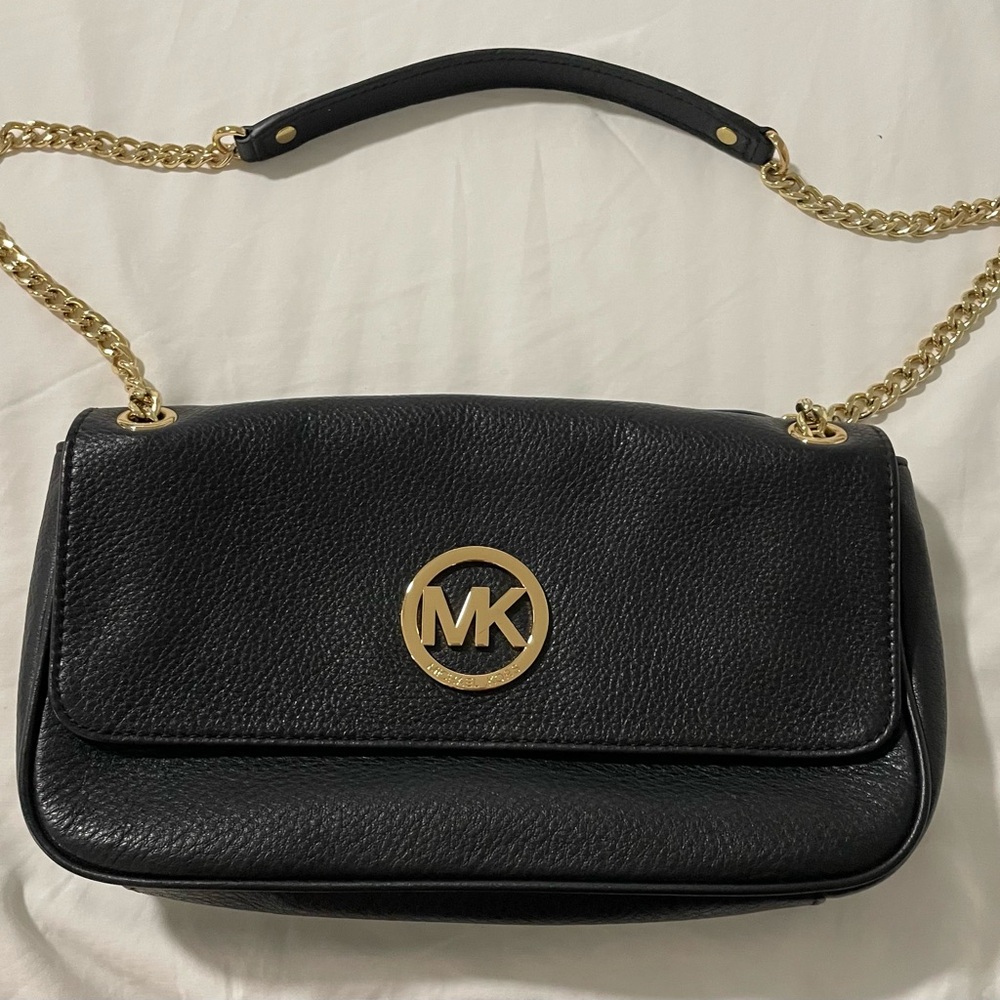 Michael Kors Fulton Black Leather Shoulder Flap Bag with Chain Strap